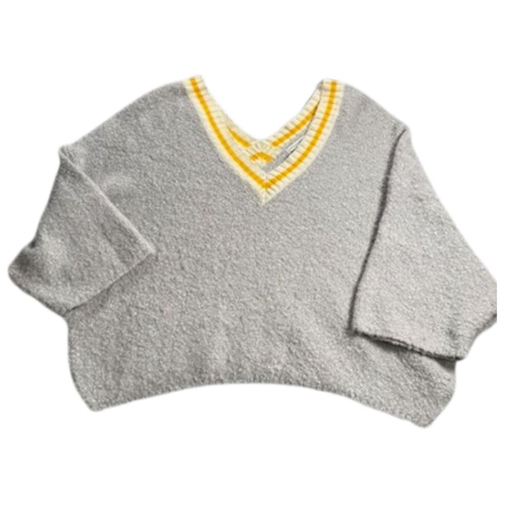 Urban Outfitters Boucle Sweater Womens L Gray Oversized V Neck Varsity Cozy